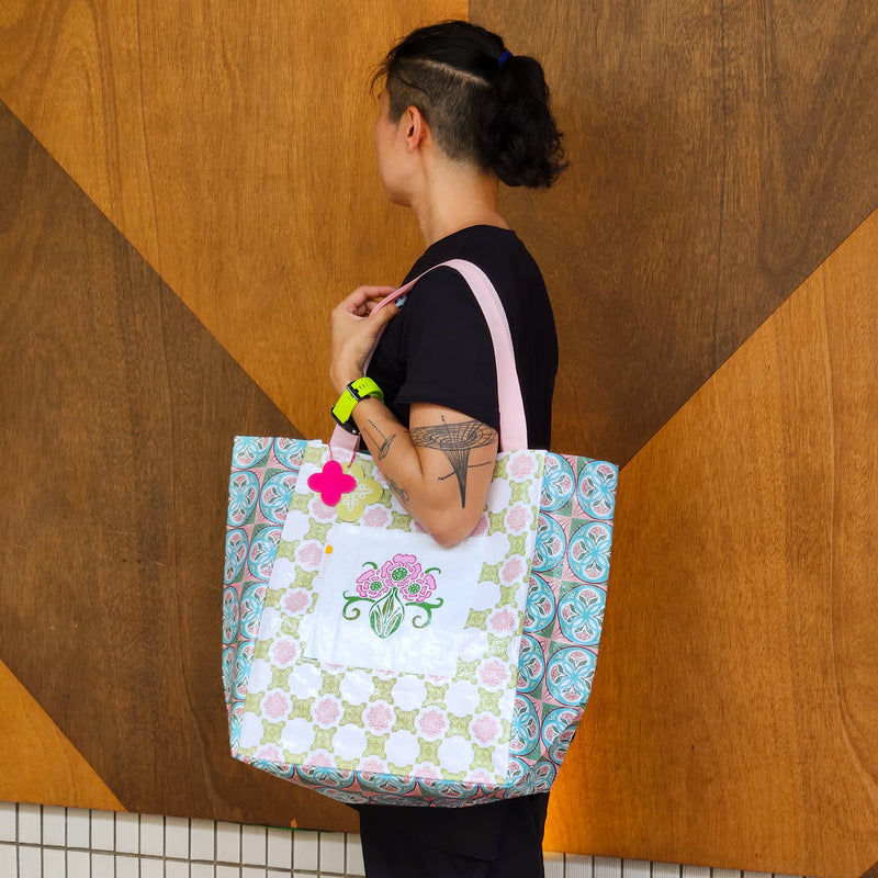 Peranakan Tile Printed Beach Bag - Pink & yellow