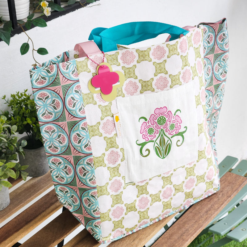 Peranakan Tile Printed Beach Bag - Pink & yellow