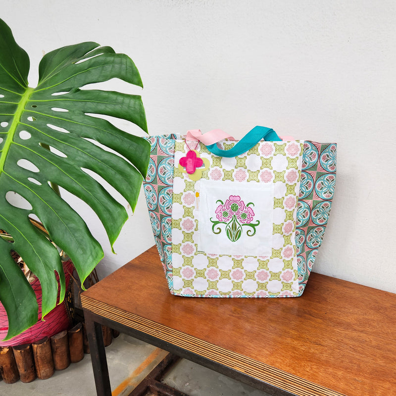 Peranakan Tile Printed Beach Bag - Pink & yellow