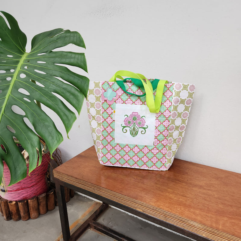 Peranakan Tile Printed Beach Bag - Plum