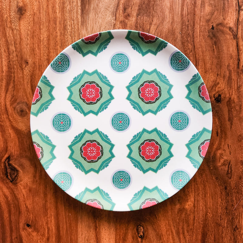 Peranakan Tile Bamboo Plate - Green Torus Red flower