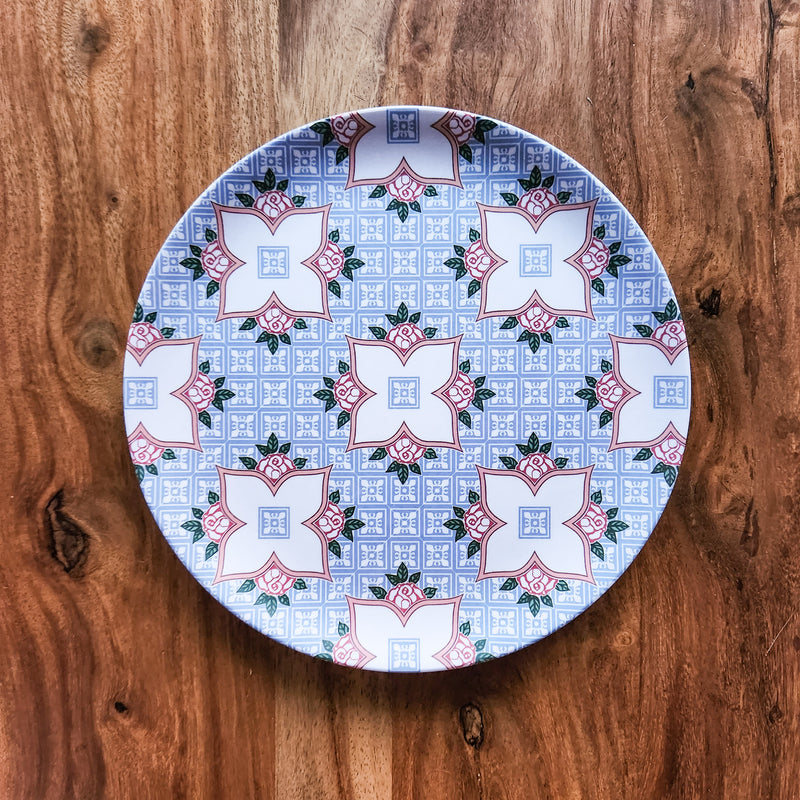 Peranakan Tile Bamboo Plate - Grey base 4 roses