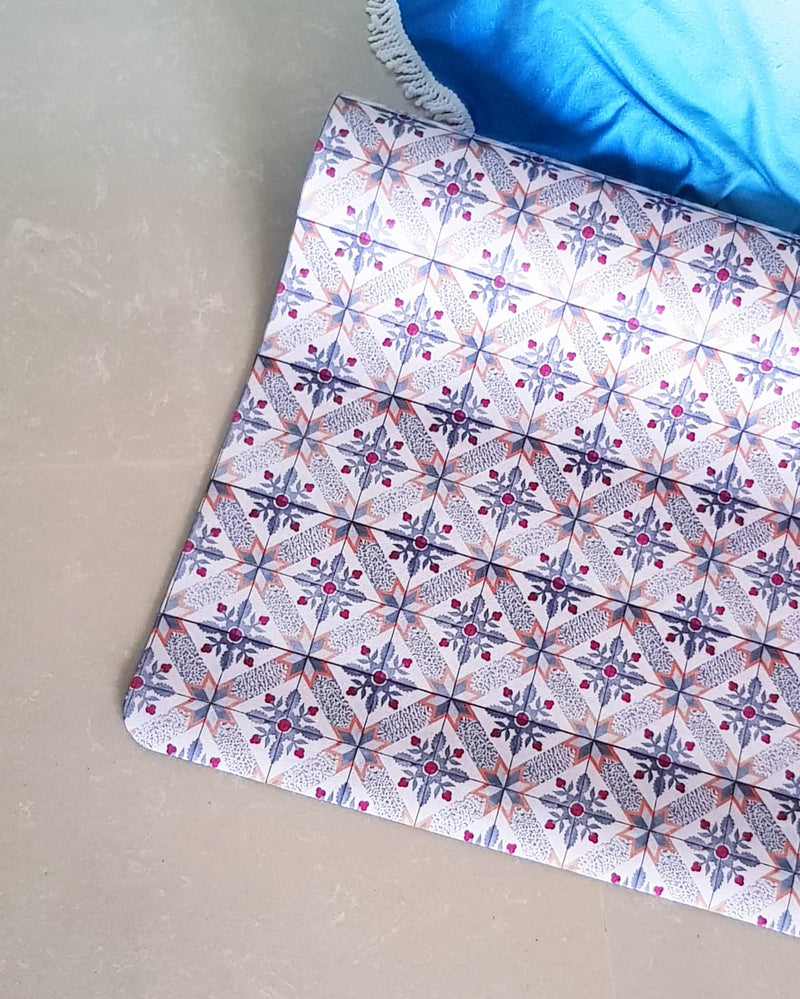 Vegan Suede Yoga Mat - Peranakan Tile Blue cross