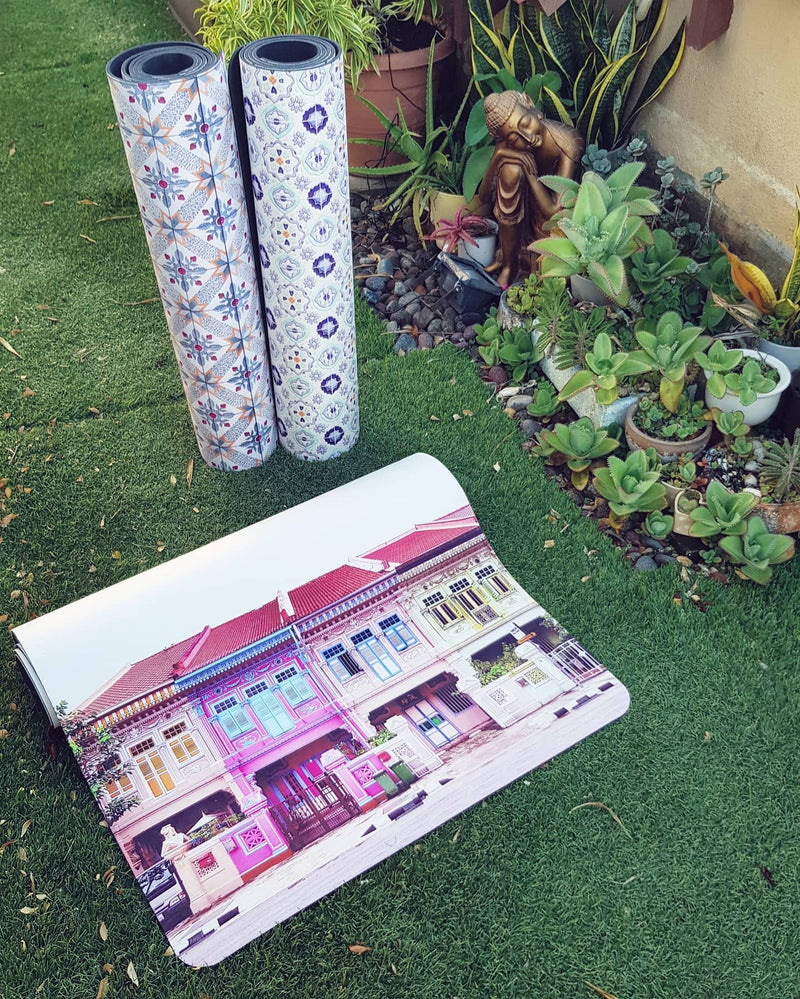 Vegan Suede Yoga Mat - Peranakan Tile Blue cross