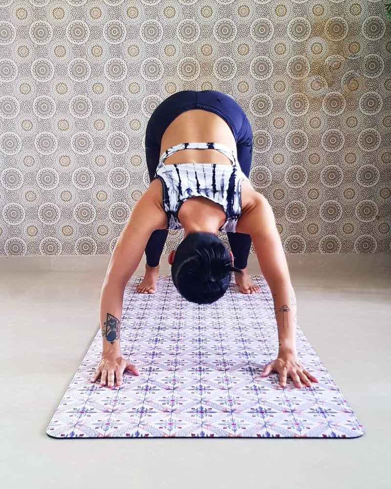 Vegan Suede Yoga Mat - Peranakan Tile Blue cross