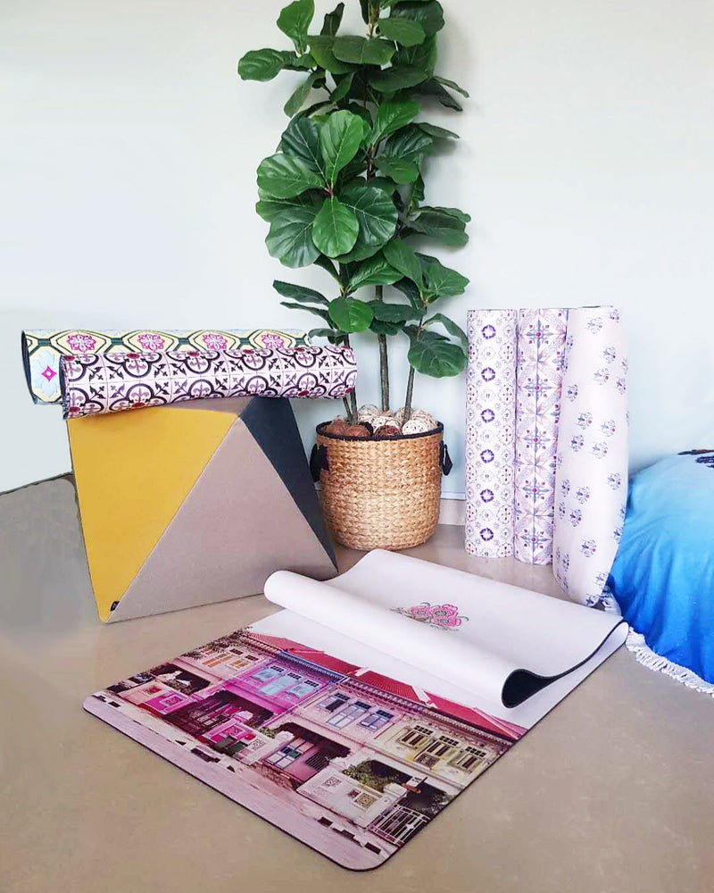 Vegan Suede Yoga Mat - Peranakan tile Brownie