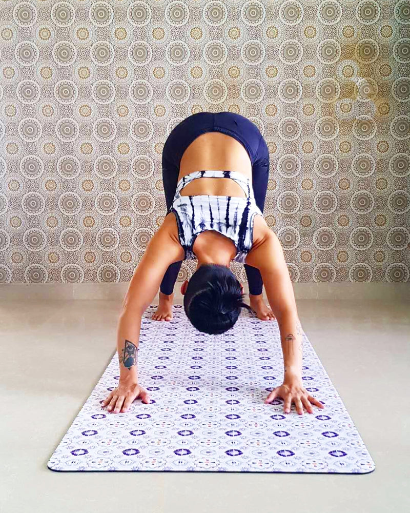 Vegan Suede Yoga Mat - Peranakan tile Blue