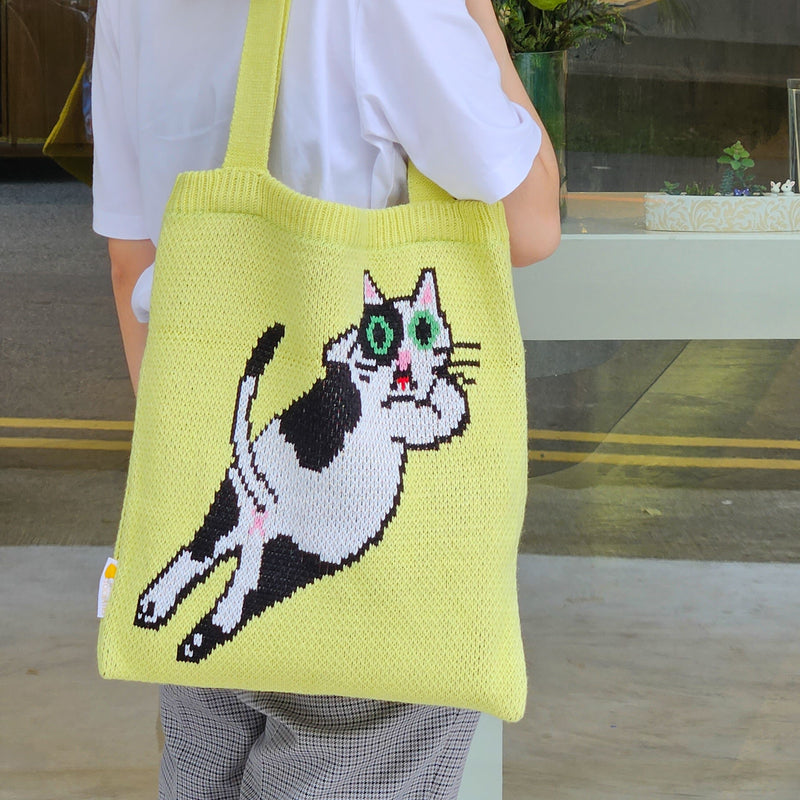 Knitted Tote Bag Lay-flat Cat