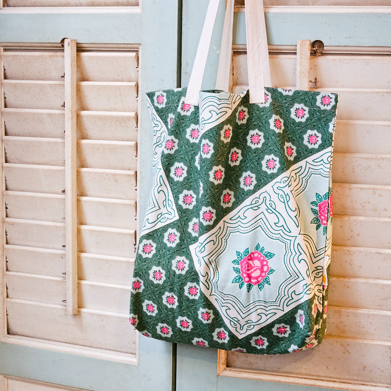 Green Rose Tile Printed Tote Bag