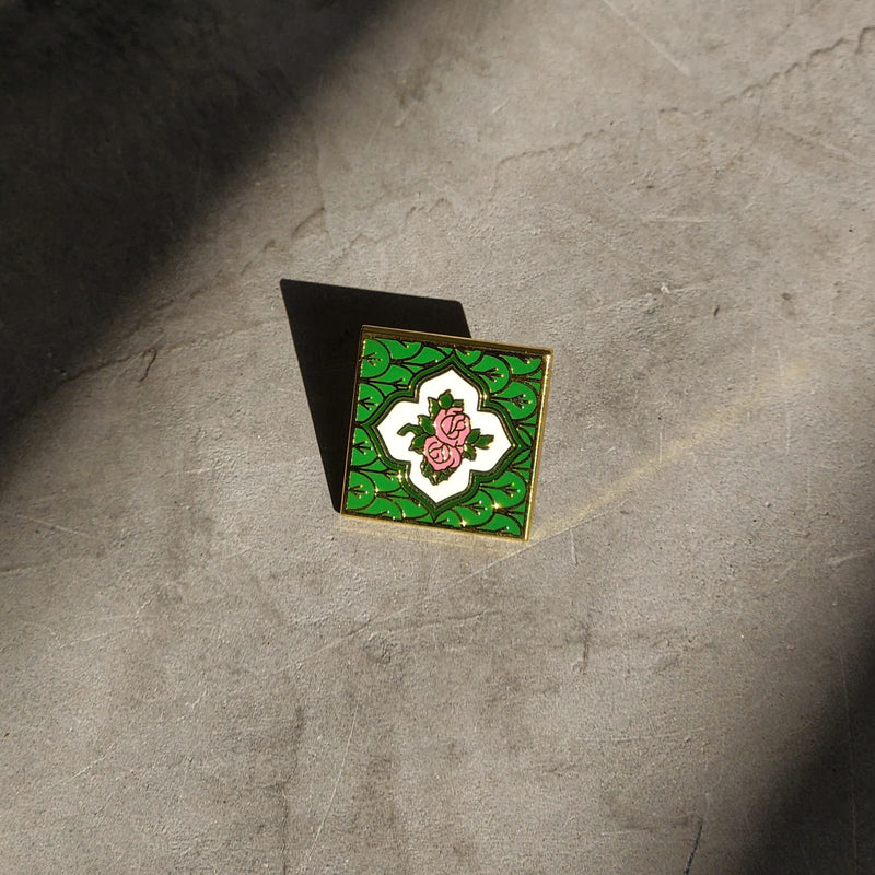 Peranakan Tile Enamel Pin Green Rose