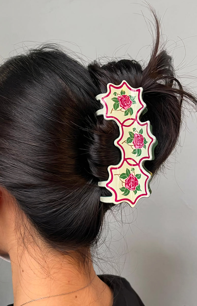 Peranakan Tile Hair Claw Clip Rose Tile w/Red Frame