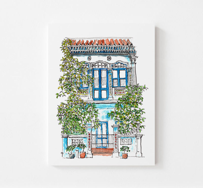 Watercolor Singapore Greeting Card Koon Seng Blue Shophouse