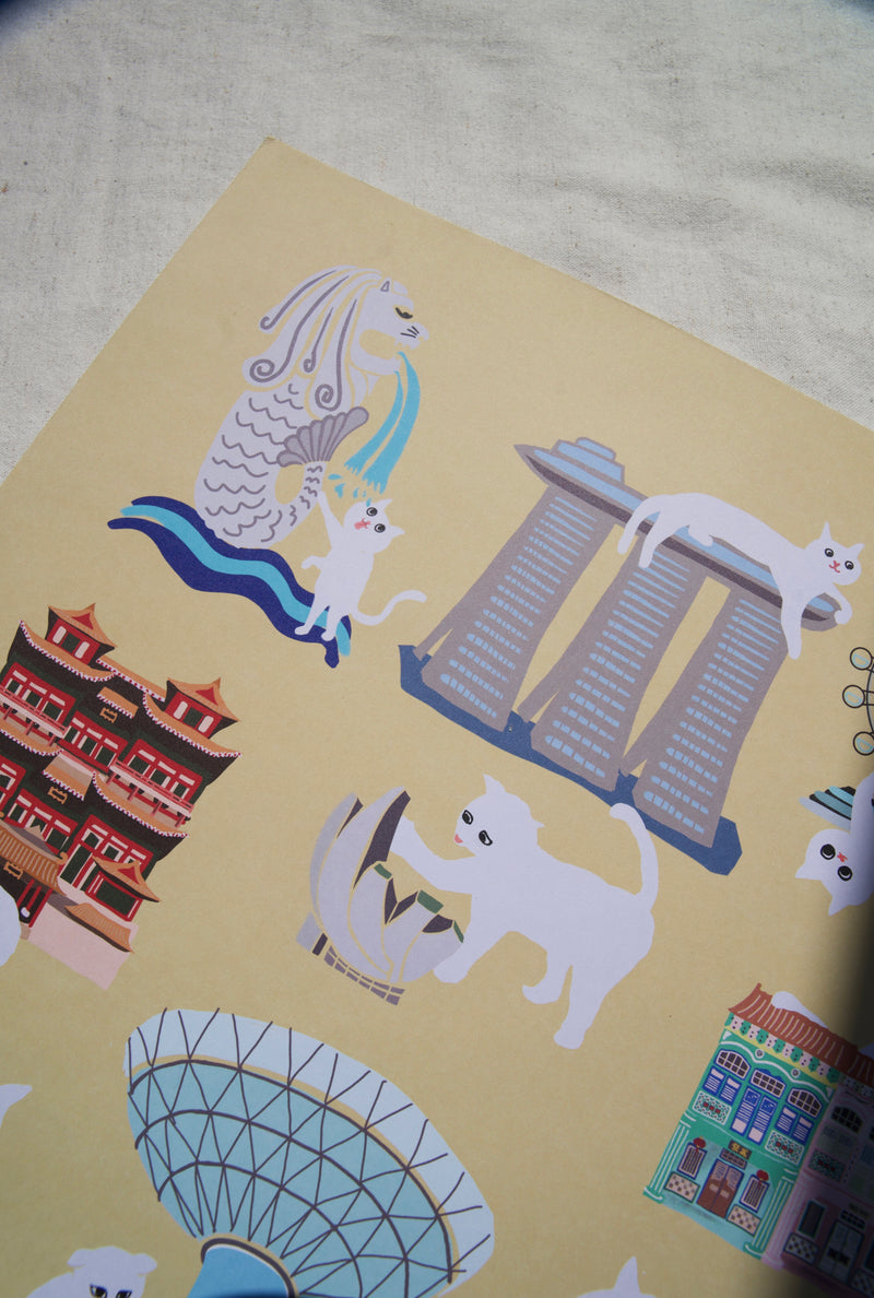 Cats Invade Singapore Landmarks Print