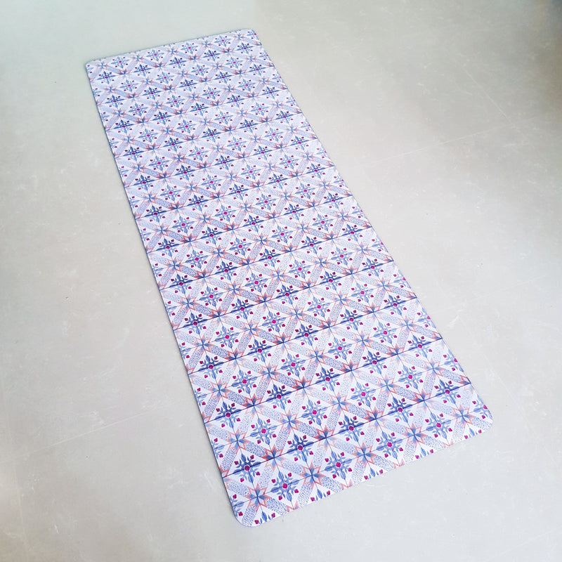 Vegan Suede Yoga Mat - Peranakan Tile Blue cross