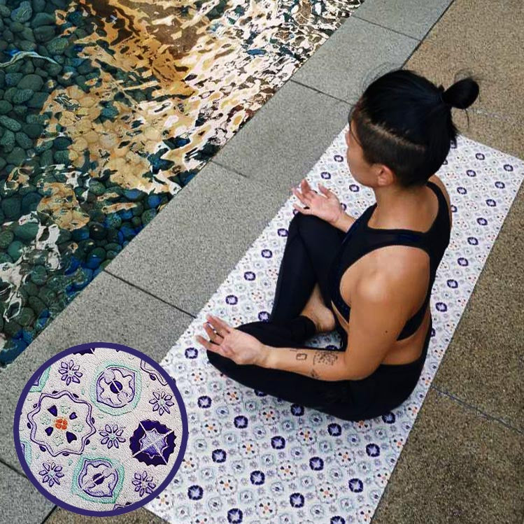 Vegan Suede Yoga Mat - Peranakan tile Blue